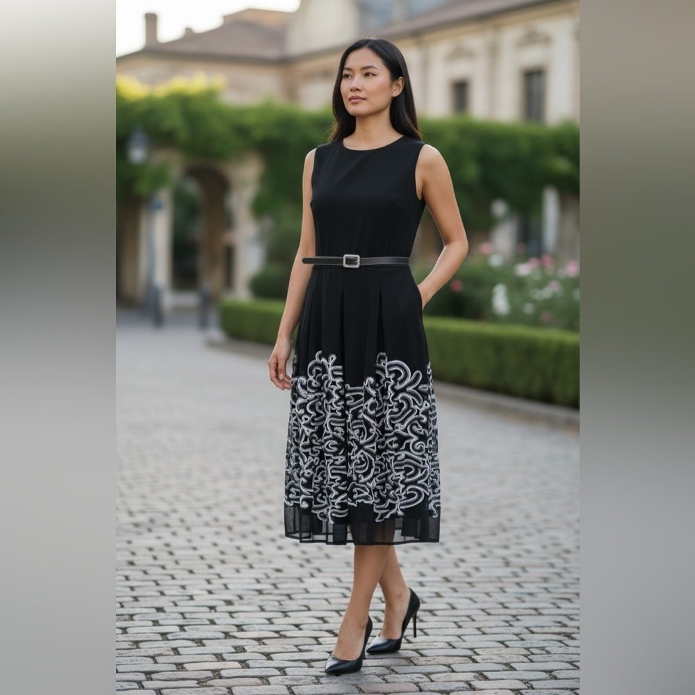Madison Leigh Black Embroidered Fit & Flare Cocktail Dress Size 6 Wedding Guest